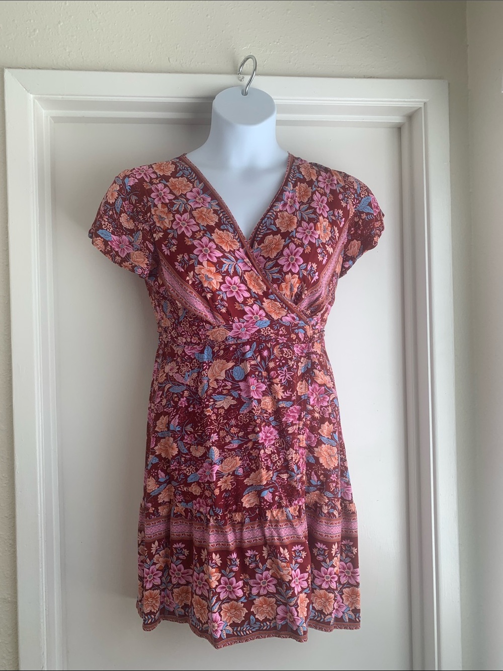 Temofon Women’s Floral V-Neck Wrap Dress Short Sleeve Boho M